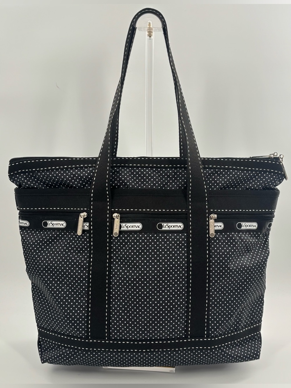 LeSportSac Tote Bag Black White Polka Dots Pockets Zip Top Weekender Gym Travel